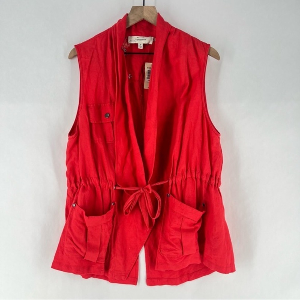 Torrid Coral Linen‎ Blend Drape Front Woven Drawcord Waist Utility Vest
